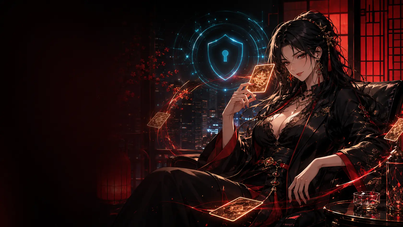 Manga Casino – weibliche Kartenmeisterin in einer roten Neon-Lounge